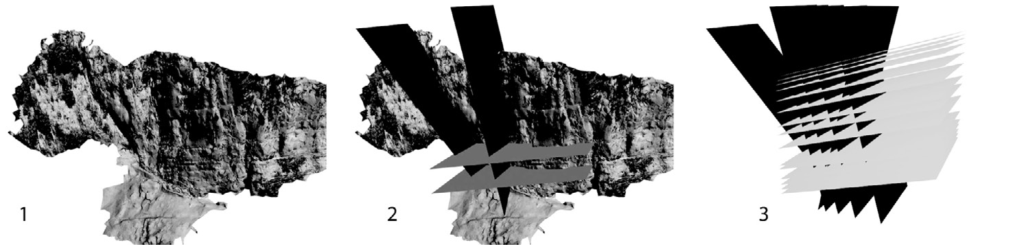 Fig. 7 – L’item 1 représente le modèle 3D texturé de topographie actuelle de l’escarpement et de l’éboulis. Sur l’item 2 fait ressortir en vert les plans de stratification et en rouge les plans majeurs de fracturation. L’item 3 représente la modélisation des zones de fragilité de la roche au niveau de l’écaille rocheuse qui s’est écroulée.