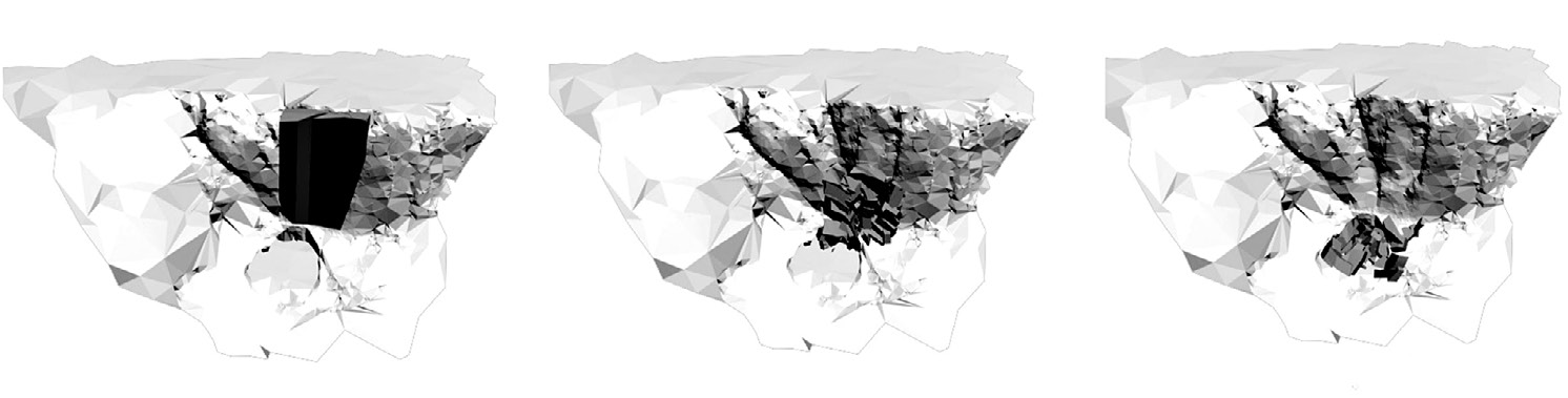 Fig. 8 – Simulation des différentes étapes de l’écroulement. Dans le modèle actuellement développé, la quasi-totalité des blocs reste en place sur la plateforme de la paléo entrée. Très peu de matériel tombe en direction de la combe d’Arc. Cela prend en compte les observations de terrain (2007 et 2008).