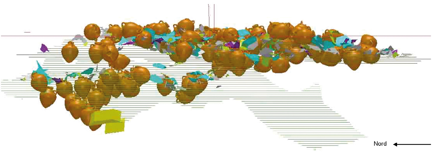 Fig. 2 – Vue synthétique des amphores découvertes lors des fouilles 2000 et 2001. A droite cliché in situ et restitution photogrammétrique.