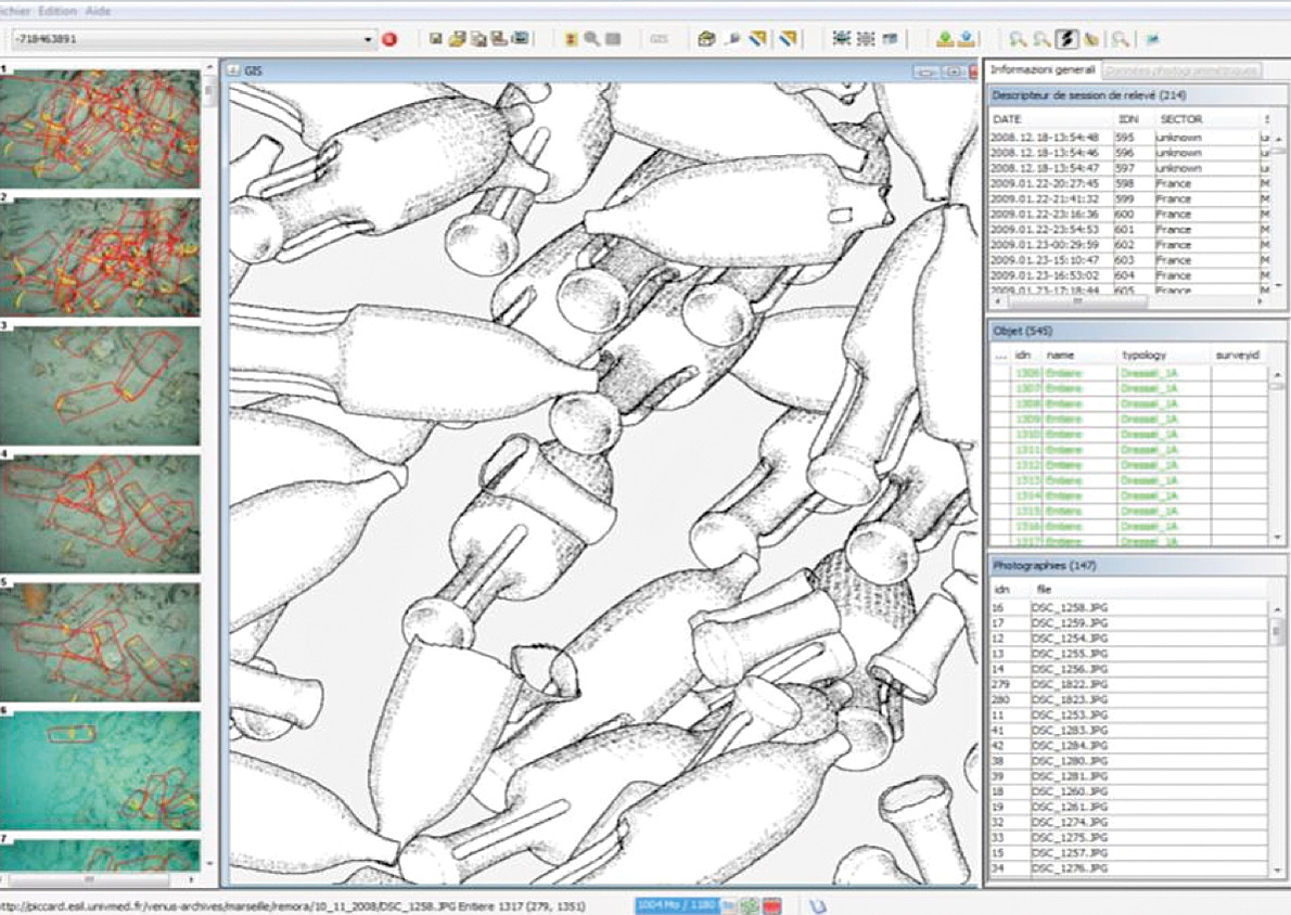 Fig. 6 – Représentation 2D automatiquement générée à partir des relevés photogrammétriques 3D. L’interface de visualisation autorise une réelle connexion bidirectionnelle entre les représentations 2D des objets archéologiques et la base de données.