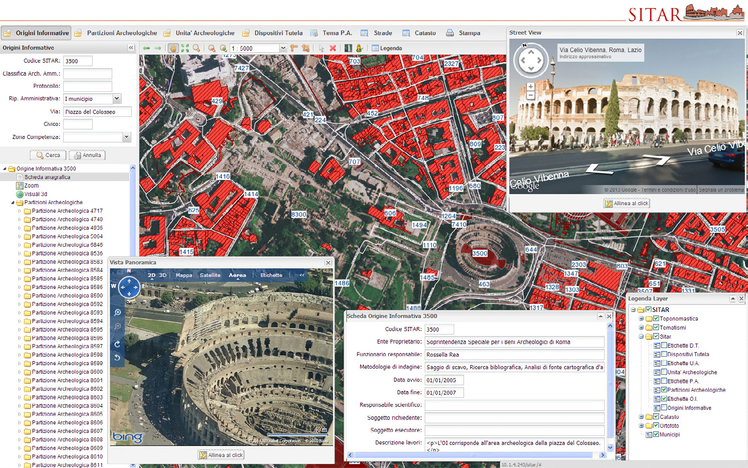 Fig. 2 – Un esempio di multi-rappresentazione dei dati nel webGIS SITAR: le “Partizioni Archeologiche” (Soprintendenza Speciale per i Beni Archeologici di Roma, Servizio SITAR).