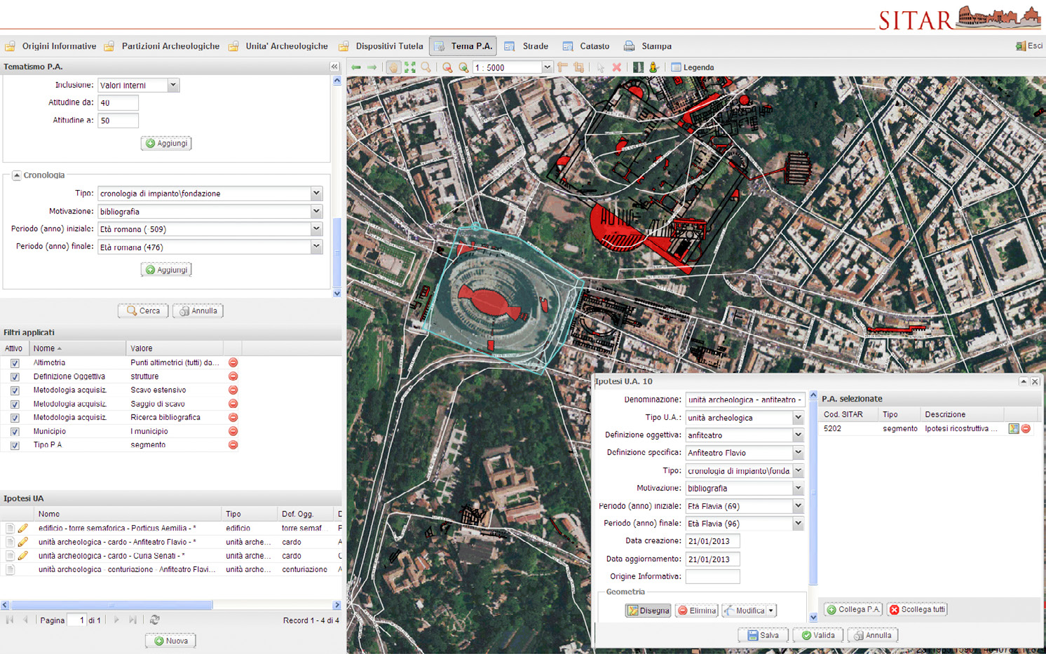 Fig. 3 – Due esempi di funzioni del webGIS SITAR: tematizzazione delle “Partizioni Archeologiche” e “ipotesi di Unità Archeologica” (Soprintendenza Speciale per i Beni Archeologici di Roma, Servizio SITAR).