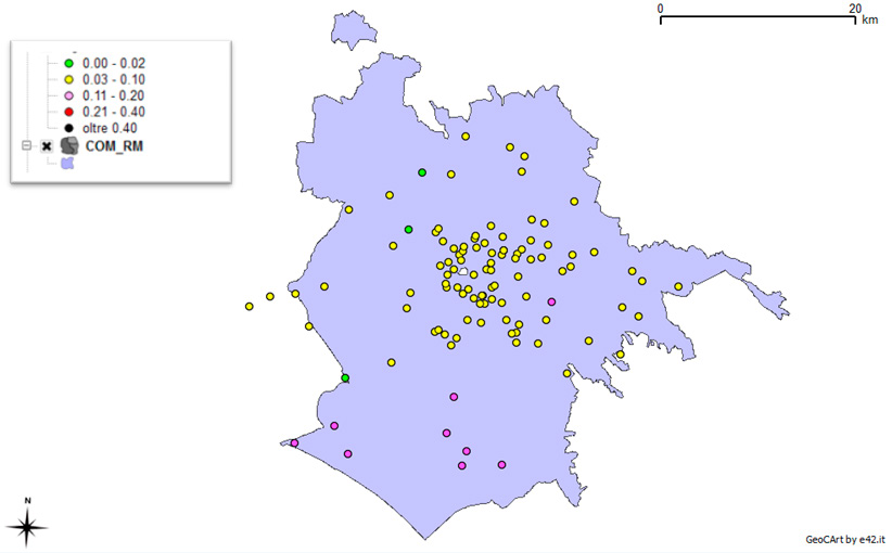 Fig. 5 – Mappa tematica degli scostamenti tra coordinate Gauss-Boaga in monografia e coordinate Gauss-Boaga dalla trasformazione effettuata con la libreria Proj4-WP.