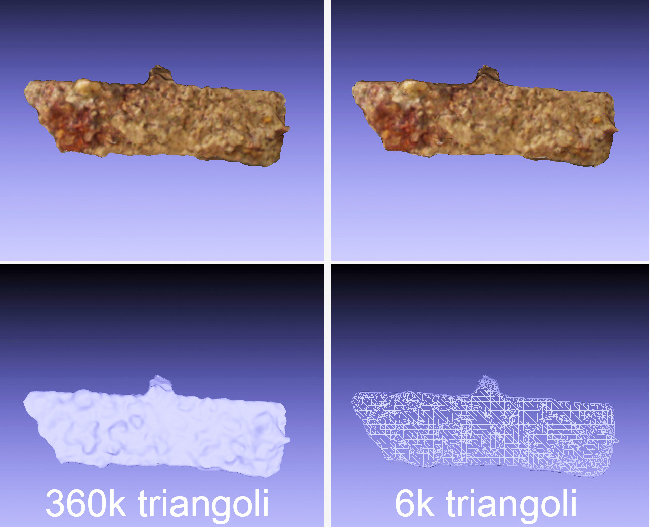 Fig. 2 – “Baking texture”: da una mesh di tipo “hi-poly” ad una replica notevolmente semplificata (A. Fratta).