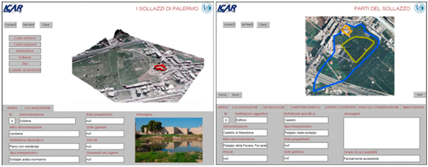 Fig. 3 – a) Ubicazione dei “sollazzi” arabo-normanni; b) strutturazione del DB.