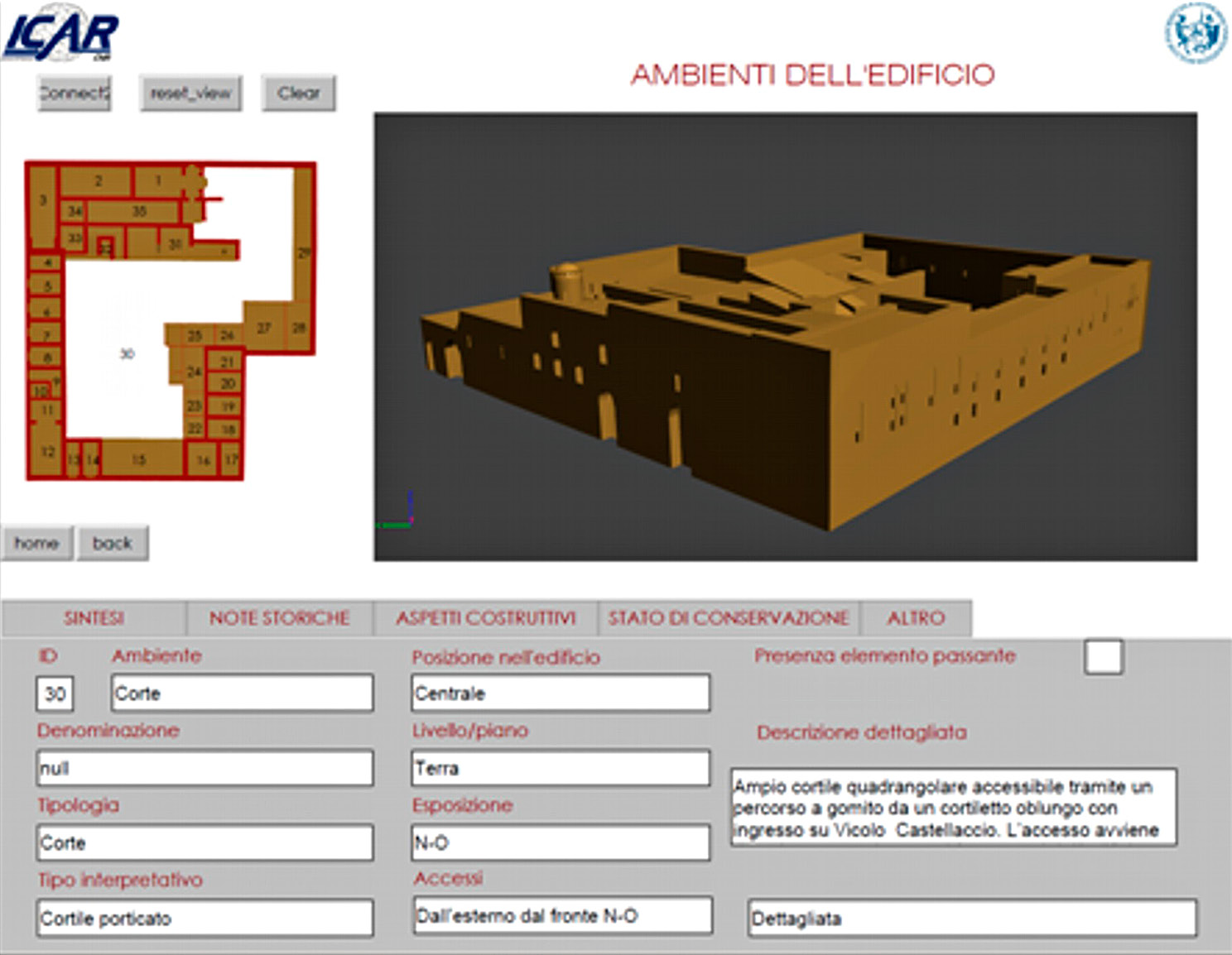 Fig. 5 – Esempio di informazioni ottenibili dal DB collegato al modello 3D, relative agli ambienti dell’edificio.