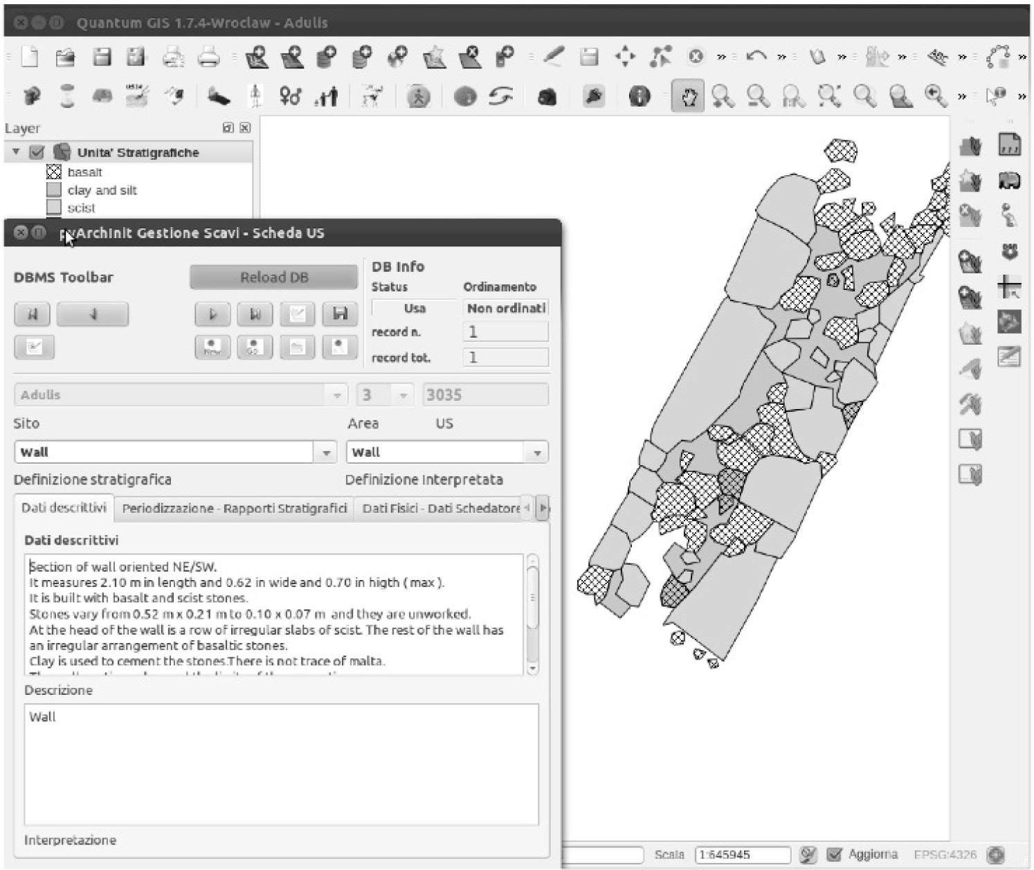 Fig. 1 – Visualizzazione in ambiente GIS di un’unità stratigrafica e della corrispondente scheda US.