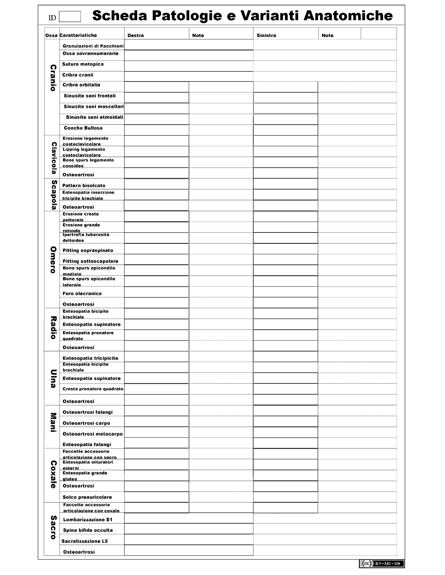 Fig. 2 – Paleopathologies and alterations form.