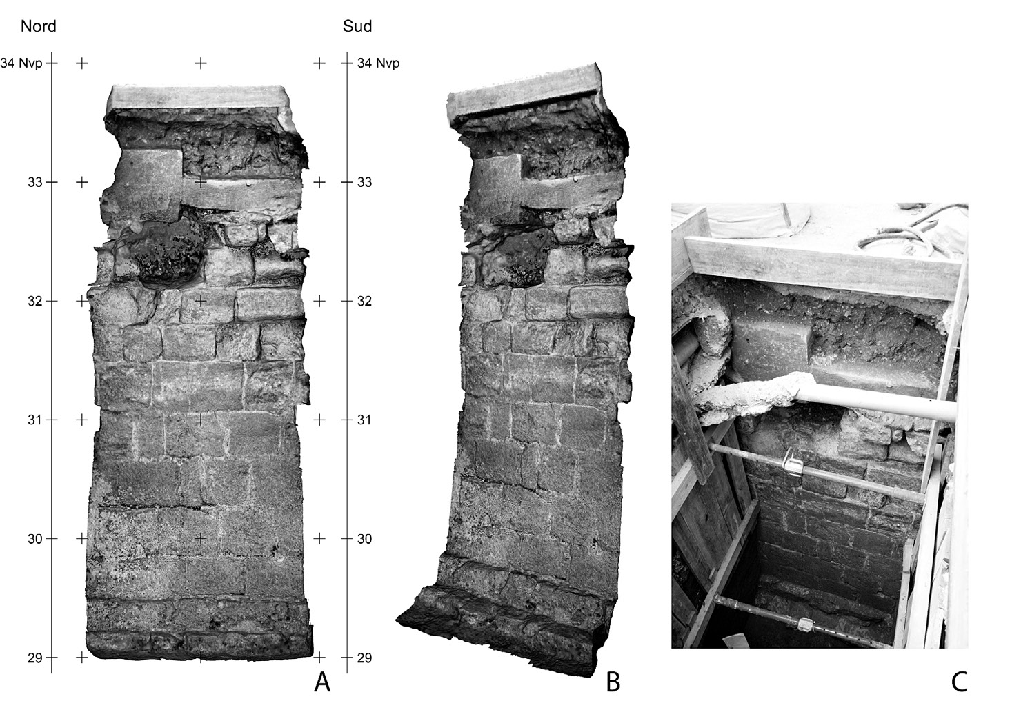 Fig. 6 – Enceinte de Philippe-Auguste: a. Projection vertical du parement du mur d’après la modélisation 3D; b. Vue cavalière du parement; c. Vue des contraintes du diagnostic.