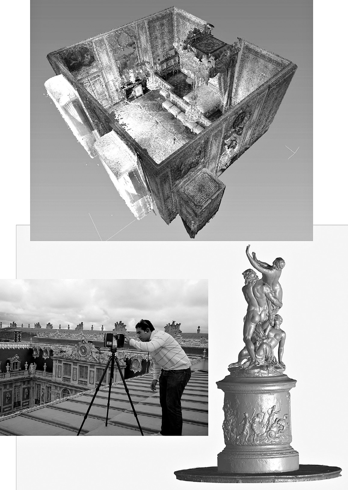 Fig. 4 – Illustration château de Versailles, chambre de la reine, scanner sur les toits, statue de la Colonnade.
