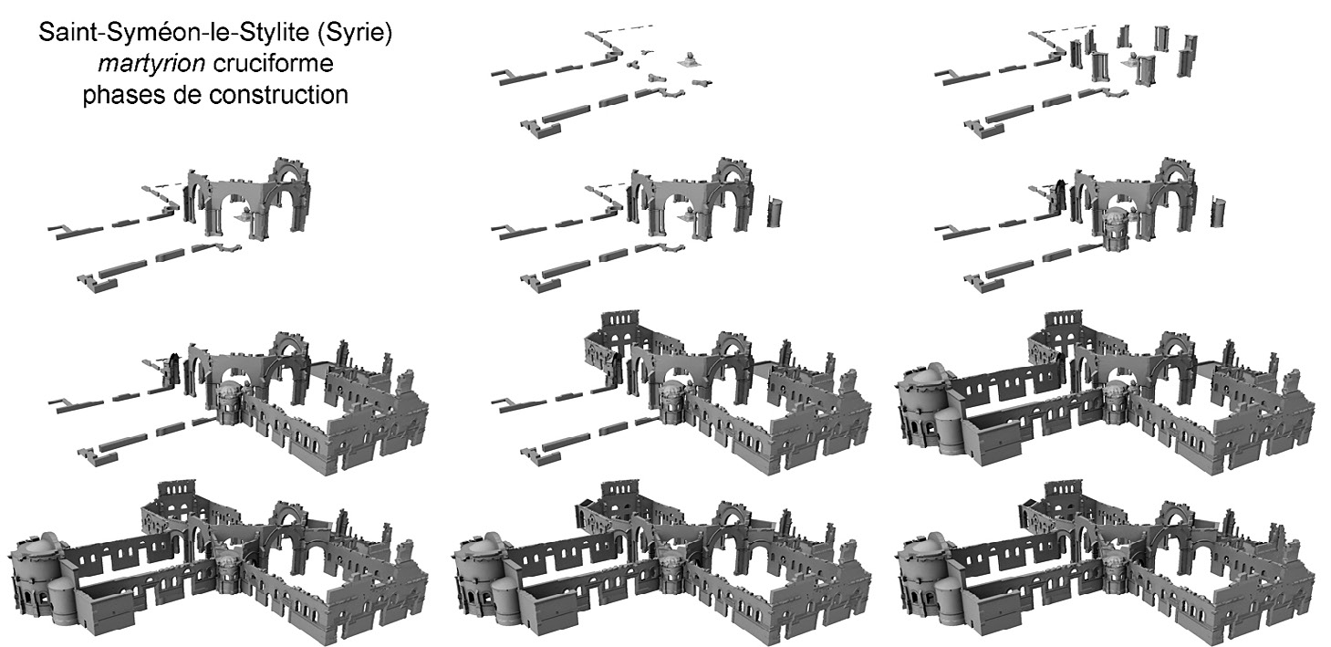 Fig. 2 – Maquette de l’état actuel du martyrion cruciforme de Saint-Syméon, étapes de la construction.