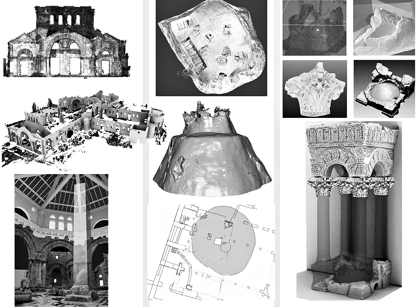 Fig. 3 – Schéma méthodologique, trois cas d’étude à des échelles diverses du site: martyrion, citernes et cuve baptismale.