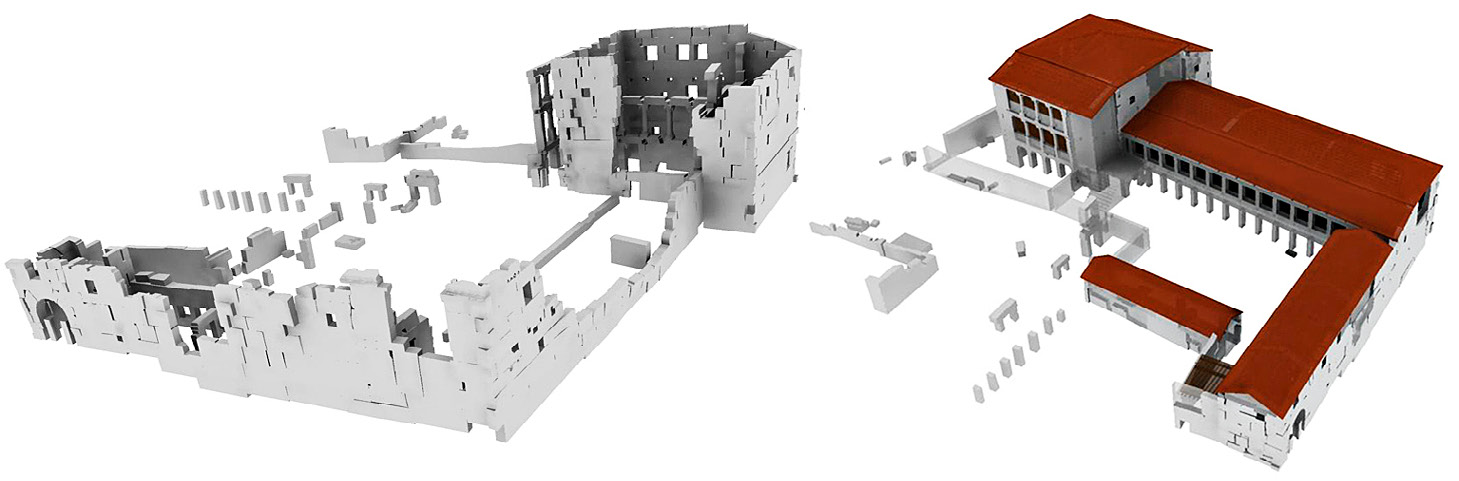 Fig. 4 – Maquettes de l’état actuel et de l’état restitué de la “Résidence”.