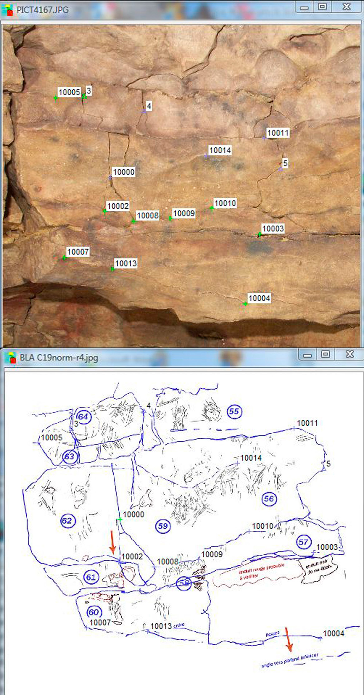 Fig. 1 – Calage par phototriangulation sur Redresseur du relevé graphique de la paroi de la grotte Blanchard, par identification de points homologues avec le relevé 3D (docs Y. Egels, D. Vialou, D. Vigears, E. Robert).