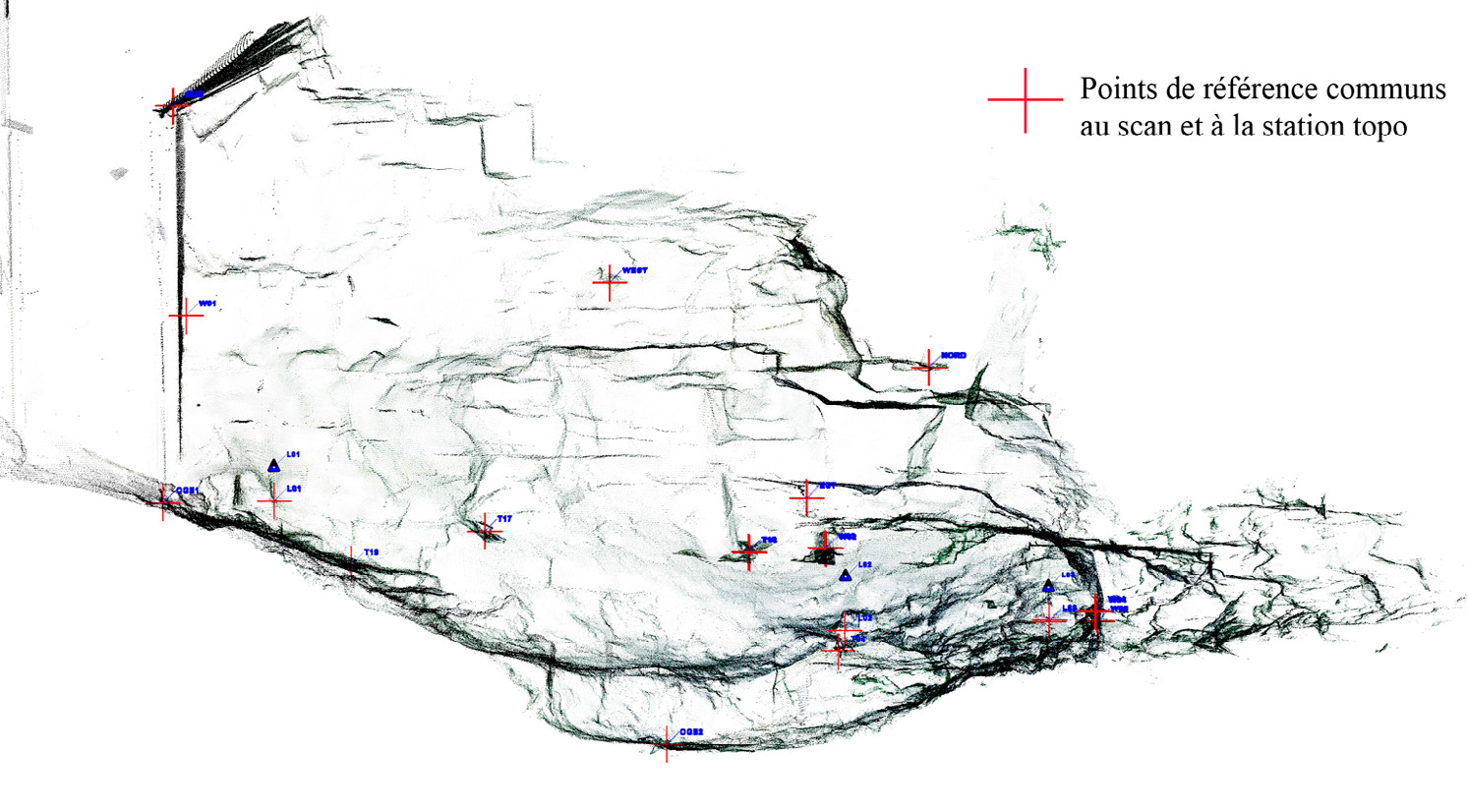 Fig. 2 – Plan de la grotte Blanchard issu de la numérisation 3D de la grotte par la scanstation Leica, localisation des points de correspondance avec la topographie (docs. D. Schelstraete, Y. Egels, E. Boche, E. Robert).