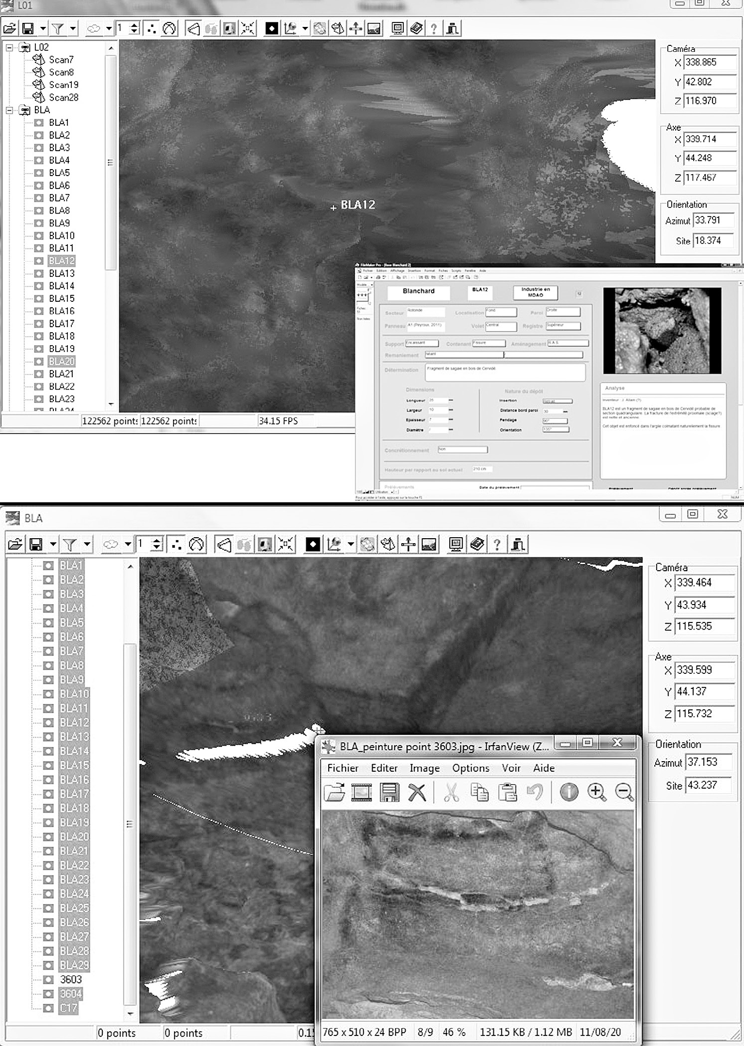 Fig. 3 – Appel des données analytiques dans le relevé 3D par points de correspondance dans Cumulus (relevé graphique en haut, fiche sur les objets archéologiques en bas) (docs. Y. Egels, D. Vialou, M. Peyroux).