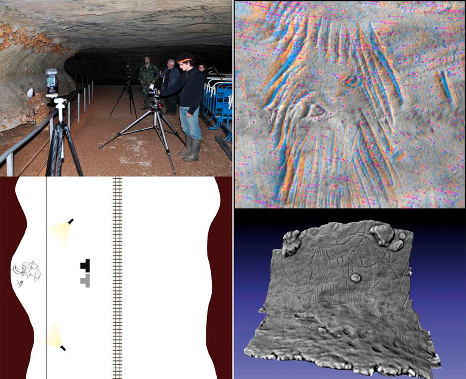 Fig. 4 – Photogrammétrie du panneau du Patriarche, couverture photo à gauche, calage des points homologues en haut à droite, rendu ombré sur Meshlab en bas à droite (docs. E.Robert, M. Pierrot-Deseilligny).