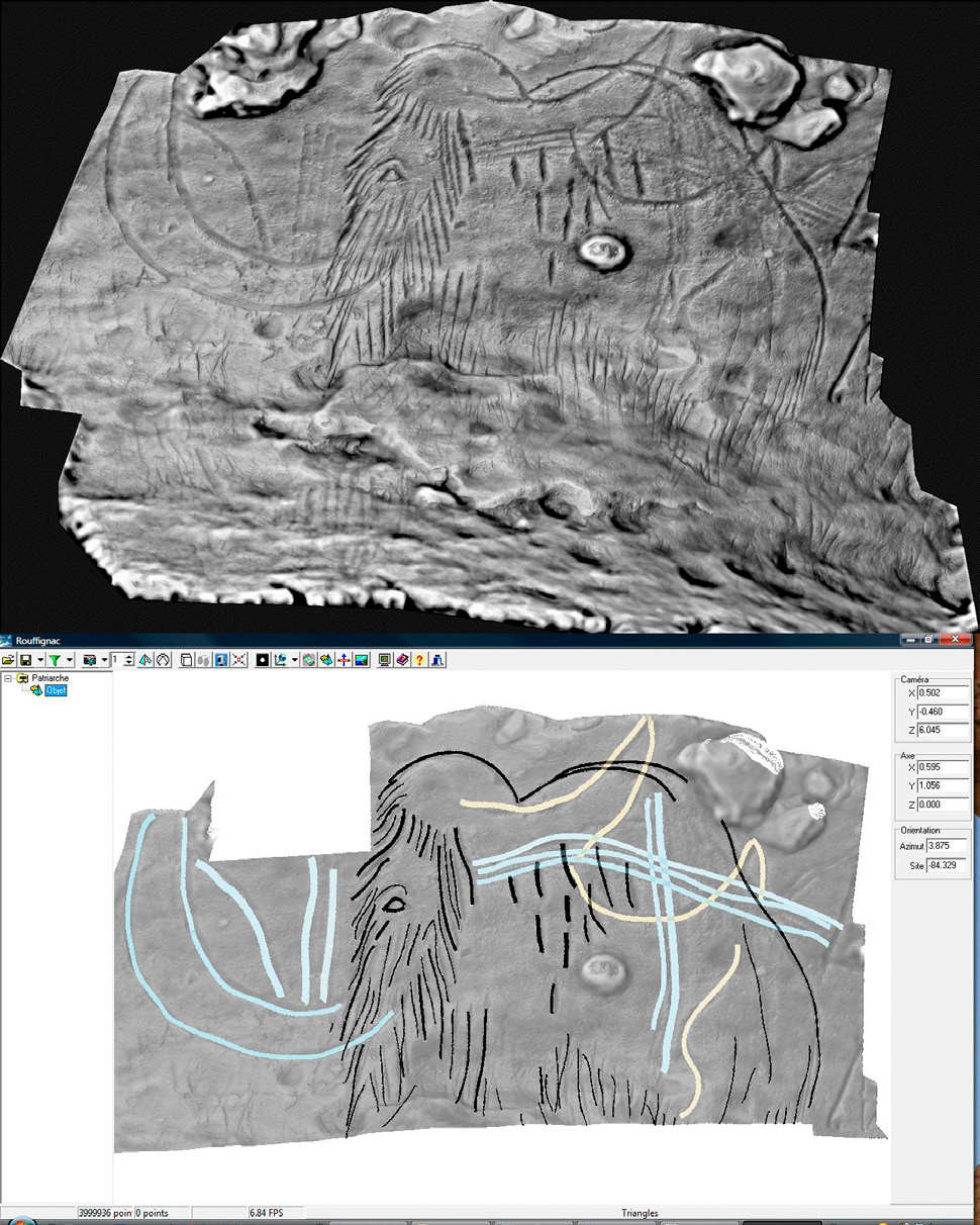 Fig. 5 – Restitution photogrammétrique du mammouth du Patriarche et relevé infographique sur orthophotographie (docs. M. Pierrot-Deseilligny, Y. Egels, E. Robert, S. Petrognani).