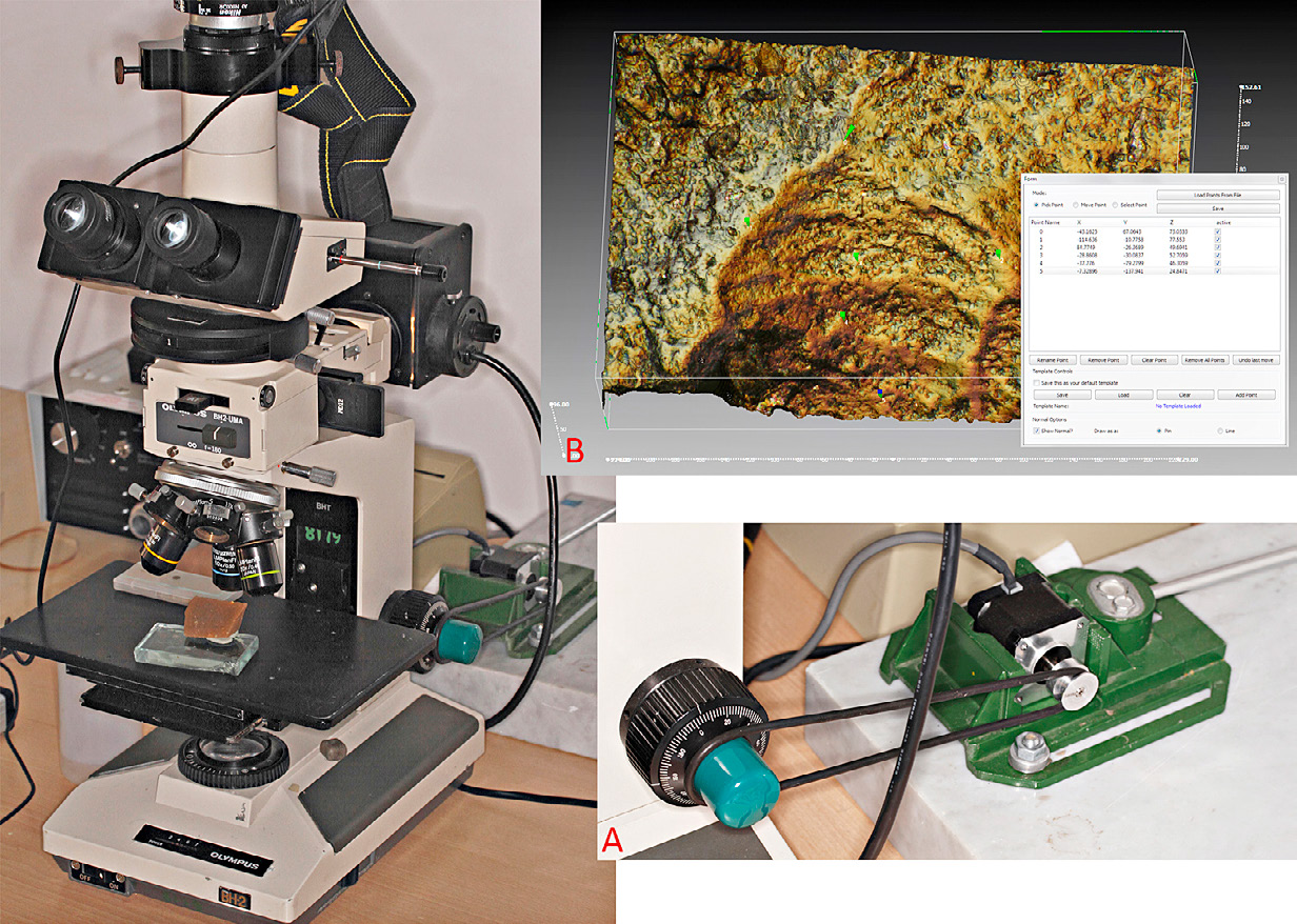 Fig. 4 – Acquisition et modélisation 3D au microscope optique: A. Moteur pas à pas pour prise de vue séquencée; B. Modélisation de l’usure microscopique d’une pointe moustérienne, Angé, France, calibrée dans le module pour Meshlab depth map importer programmé par E. Delord (Archéovision), à partir d’une carte de profondeur produite avec Helicon Focus. Echelle micrométrique.