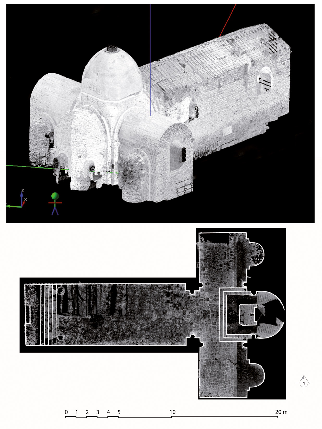 Fig. 1 – Veyrines (Ardèche), église Sainte-Marie, nuage de points des différents scans assemblés et plan au sol (réalisation A. Flammin).