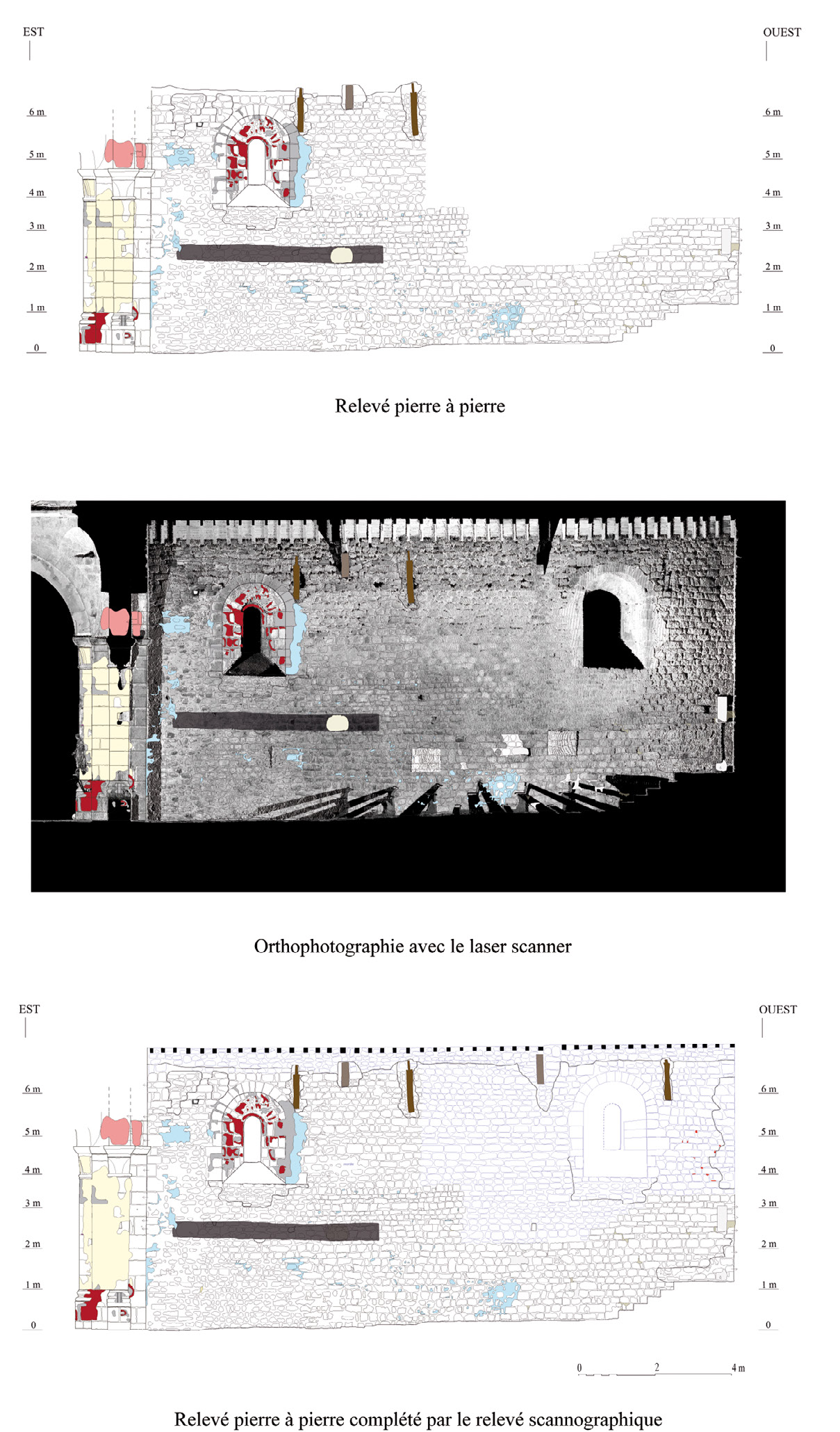 Fig. 3 – Veyrines (Ardèche), église Sainte-Marie, nef, murs gouttereaux Sud, présentation des techniques de relevés (relevés et DAO: étudiants de l’Université de Lyon2, O. Puel et A. Flammin; relevés scannographiques: A. Flammin).