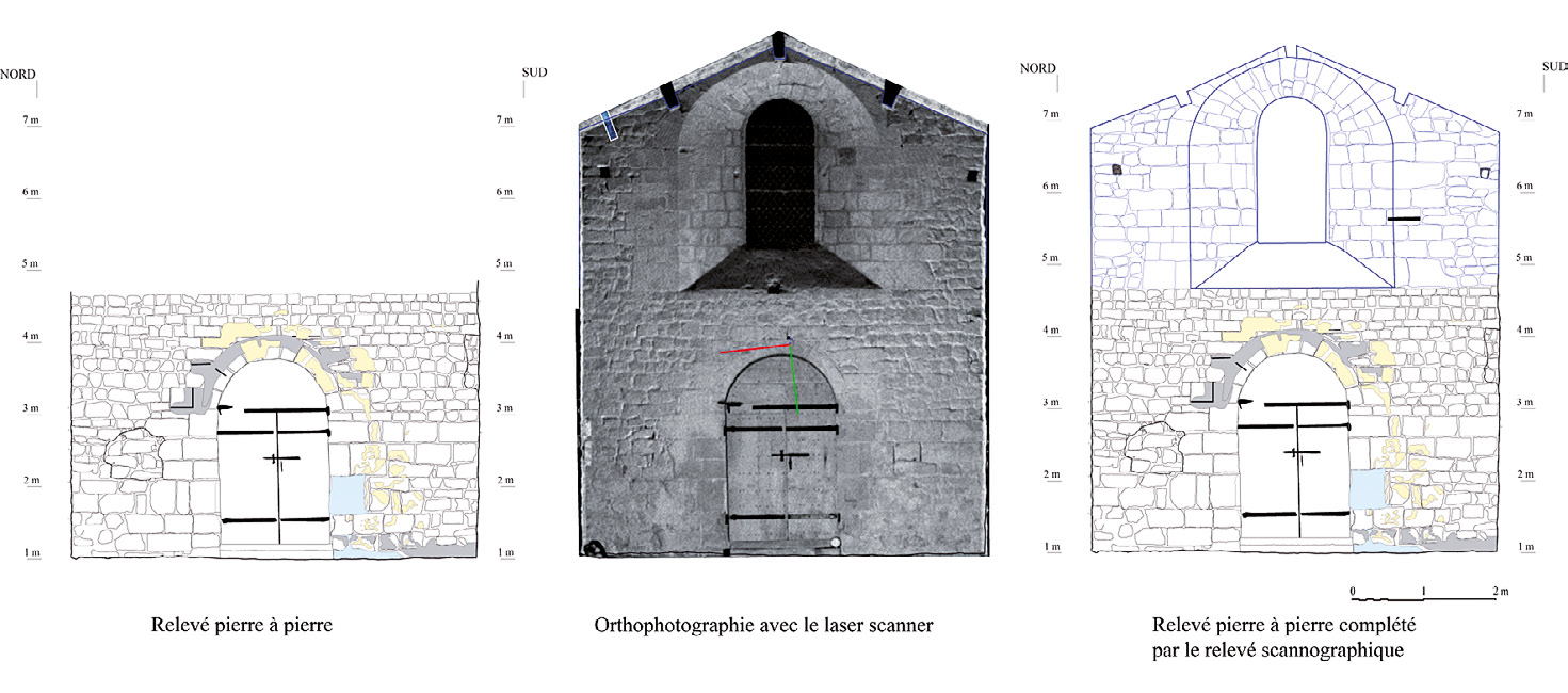 Fig. 4 – Veyrines (Ardèche), église Sainte-Marie, mur Ouest, présentation des techniques de relevés (relevés et DAO: étudiants de l’Université de Lyon2, O. Puel et A. Flammin; relevés scannographiques: A. Flammin).