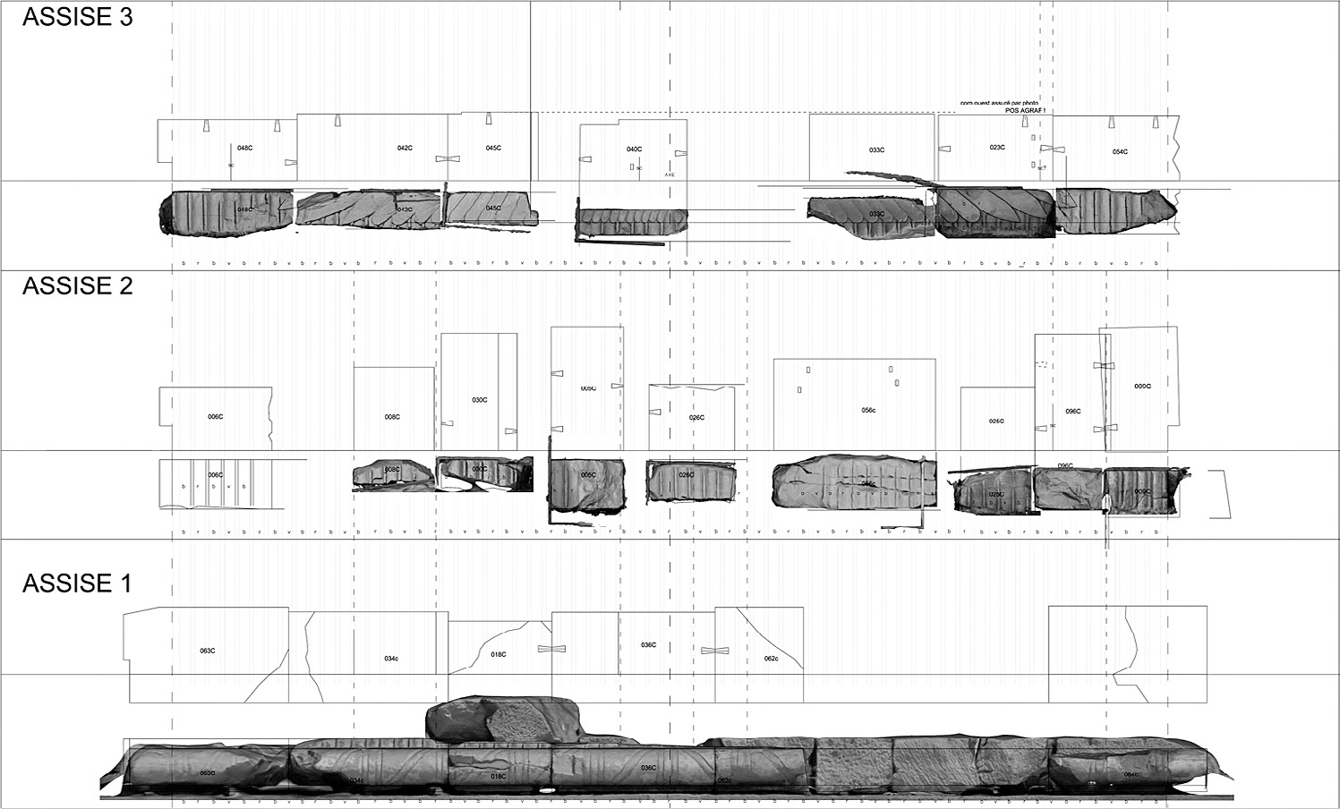 Fig. 2 – Planche analytique d’un corpus de blocs de corniche de la Porte de Tibère à Médamoud (extrait). Chaque bloc, représenté par une orthoimage et une vue en plan est positionné selon ses caractéristiques sur une assise hypothétique. Cette méthode permet de confronter la mitoyenneté entre deux blocs et éventuellement de retrouver sa place d’origine dans la construction (E. Laroze, UMR 8167 du CNRS).