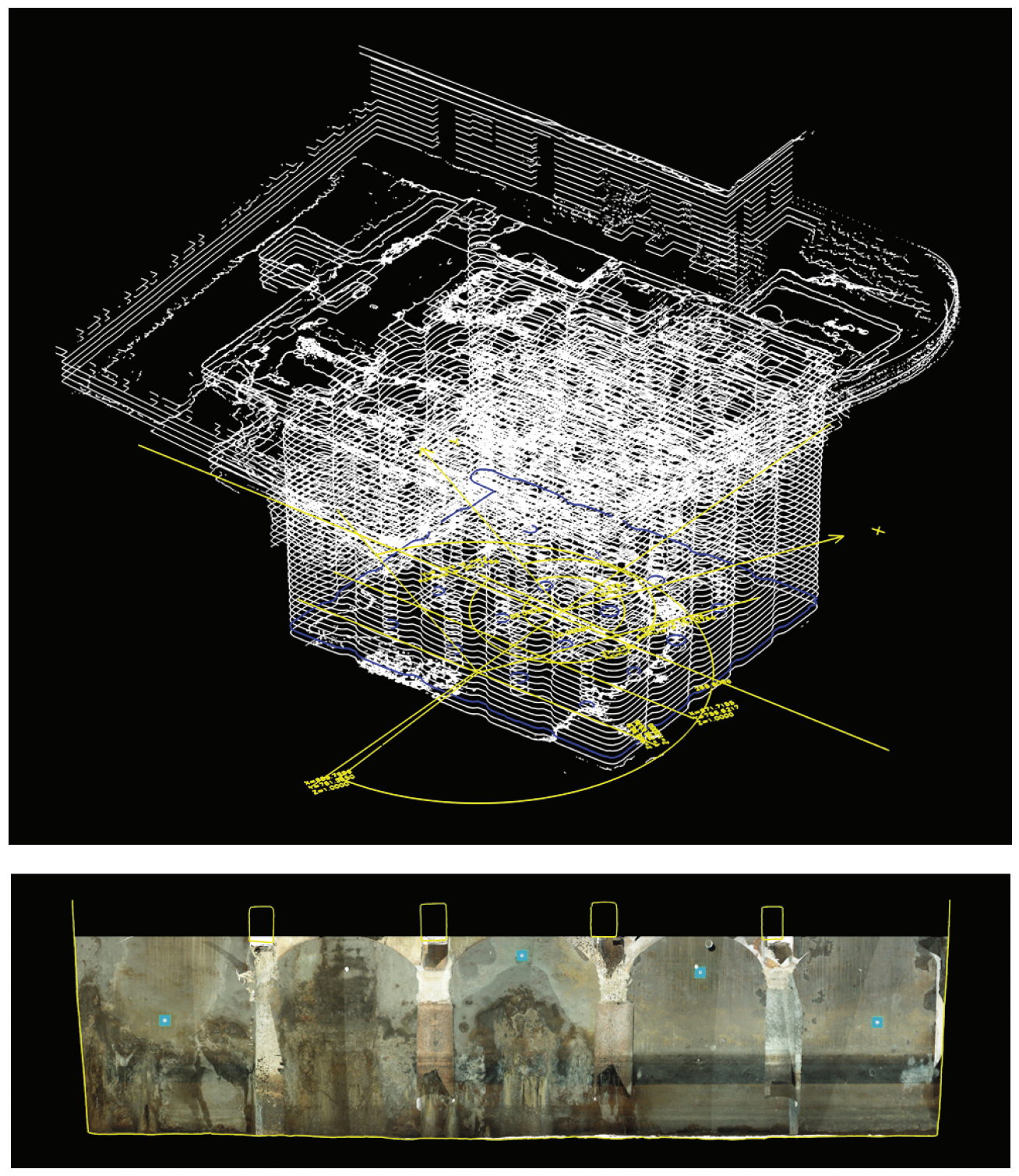 Fig. 3 – a. Sections horizontales tous les 25 cm sur l’ensemble du chantier (L. Borel, CEAlex; Y. Egels, IGN); b. Orthoimage partielle de la paroi intérieure Ouest de la cuve montrant l’état de conservation de l’enduit de mortier de tuileau (L. Borel, CEAlex; Y. Egels, IGN).