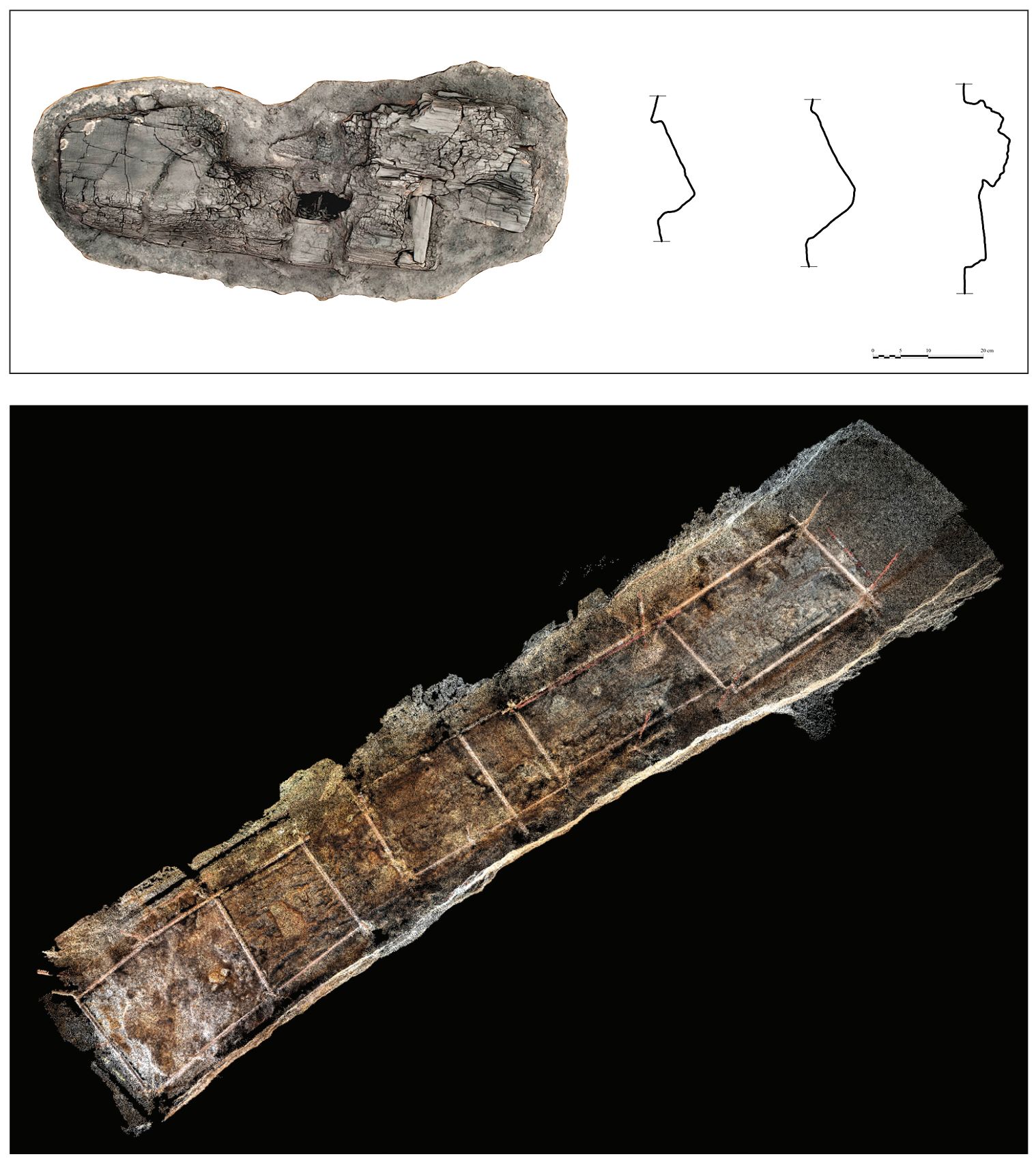 Fig. 4 – a. Orthoimage et sections d’un des ensembles prélevés dans la galerie G 2 (L. Borel, CEAlex); b. Nuage de points de la galerie G 9 montrant les vestiges carbonisés en place des éléments de bois qui constituaient le navire (L. Borel, CEAlex).