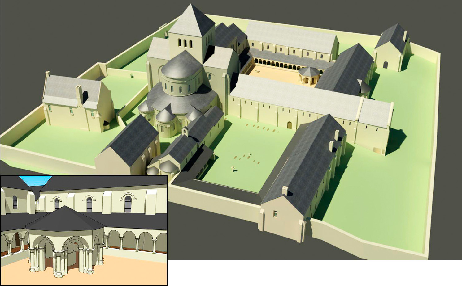 Fig. 4 – Deux aspects de la restitution 3D du prieuré Saint-Cosme de La Riche au XIVe siècle. Modélisation avec le logiciel 3Ds Max: P. Mora, Université de Bordeaux 3 Michel de Montaigne, UMR Ausonius/CNRS Archéovision-Archéotransfert (http://archeotransfert.cnrs.fr/).