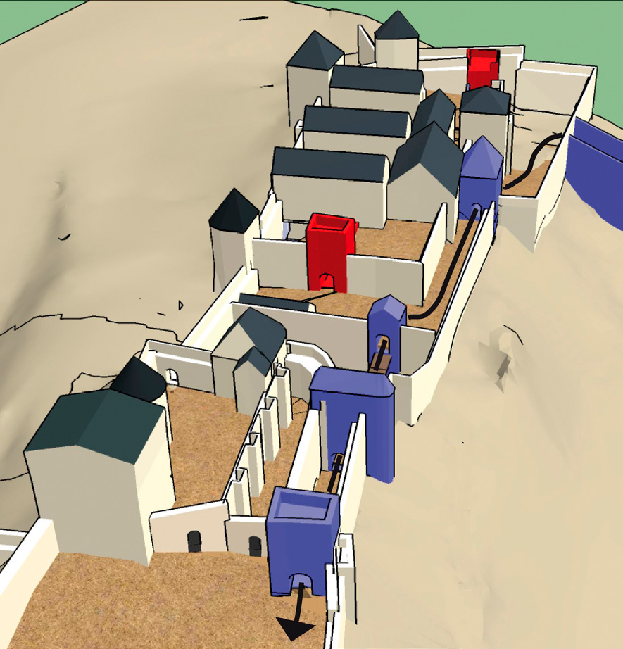 Fig. 7 – Un exemple d’analyse des circulations facilité par l’emploi de la 3D: l’accès à la forteresse de Chinon par l’est au début du XIIIe siècle (infographie: B. Dufaÿ, avec le logiciel Sketchup, à partir d’un modèle de M. Brard).