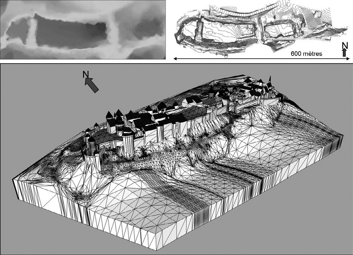 Fig. 10 – Modèle numérique de l’éperon rocheux qui constitue le site de la forteresse de Chinon (levé topographique: F. Marteaux et Y. Couturier, SADIL; réalisation du MNT avec le logiciel ArcGIS: F. Marteaux, SADIL; infographie du modèle 3D: B. Dufaÿ, avec le logiciel Sketchup, à partir d’un modèle de M. Brard qui a repris le MNT d’ArcGIS sous 3ds Max).