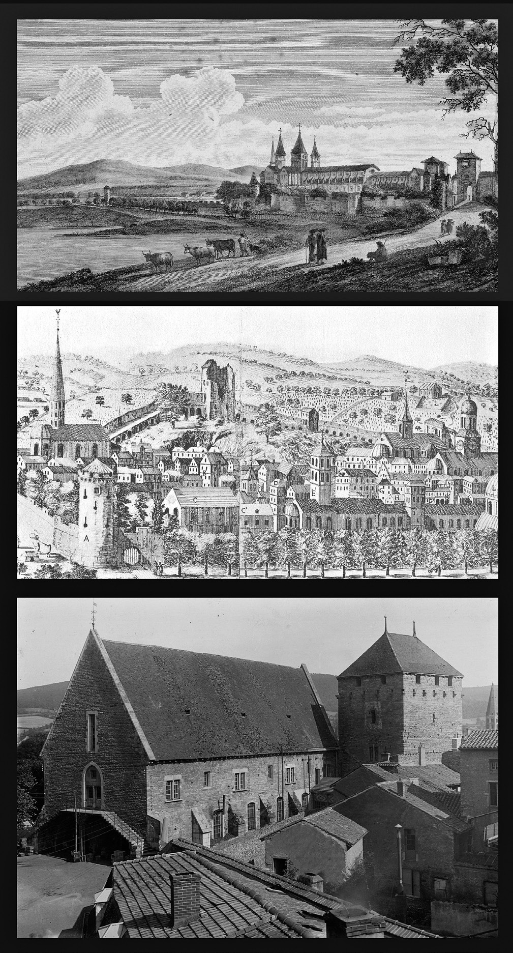 Fig. 1 – a. Vue de Cluny depuis le Nord, gravure par Née d’après un dessin de J.B. Lallemand, XVIIIe et XIXe s. (Musée d’art et d’archéologie, 76.199); b. Abbaye et ville de Cluny, gravure de Louis Prévost, vers 1670 (Bnf); c. Cluny, farinier et tour du moulin, photo de K.J. Conant (Musée d’art et d’archéologie).