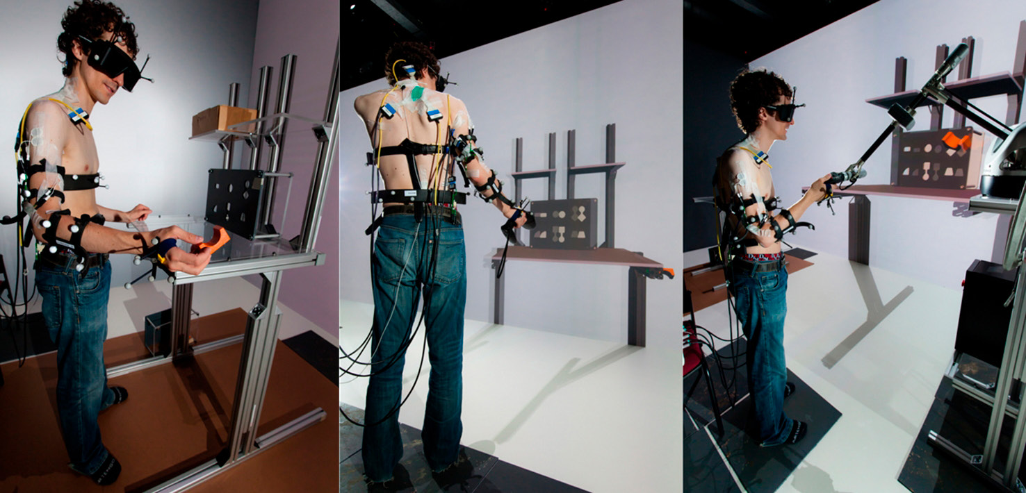 Fig. 1 – A manipulation task in real (left), virtual (centre), virtual with haptic (right).