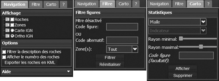 Fig. 2 – Control panels: layers, filter and spatial analysis tools.