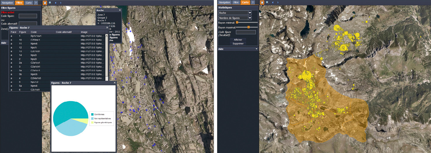 Fig. 4 – Two views of the GIS of Marvels: description of a rock and spatial analysis.