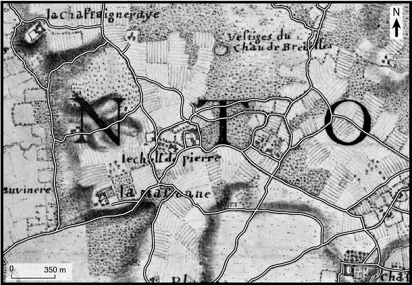 Fig. 3 – Tracé des chemins sur la carte de Claude Masse (secteur de La Gripperie Saint-Symphorien).