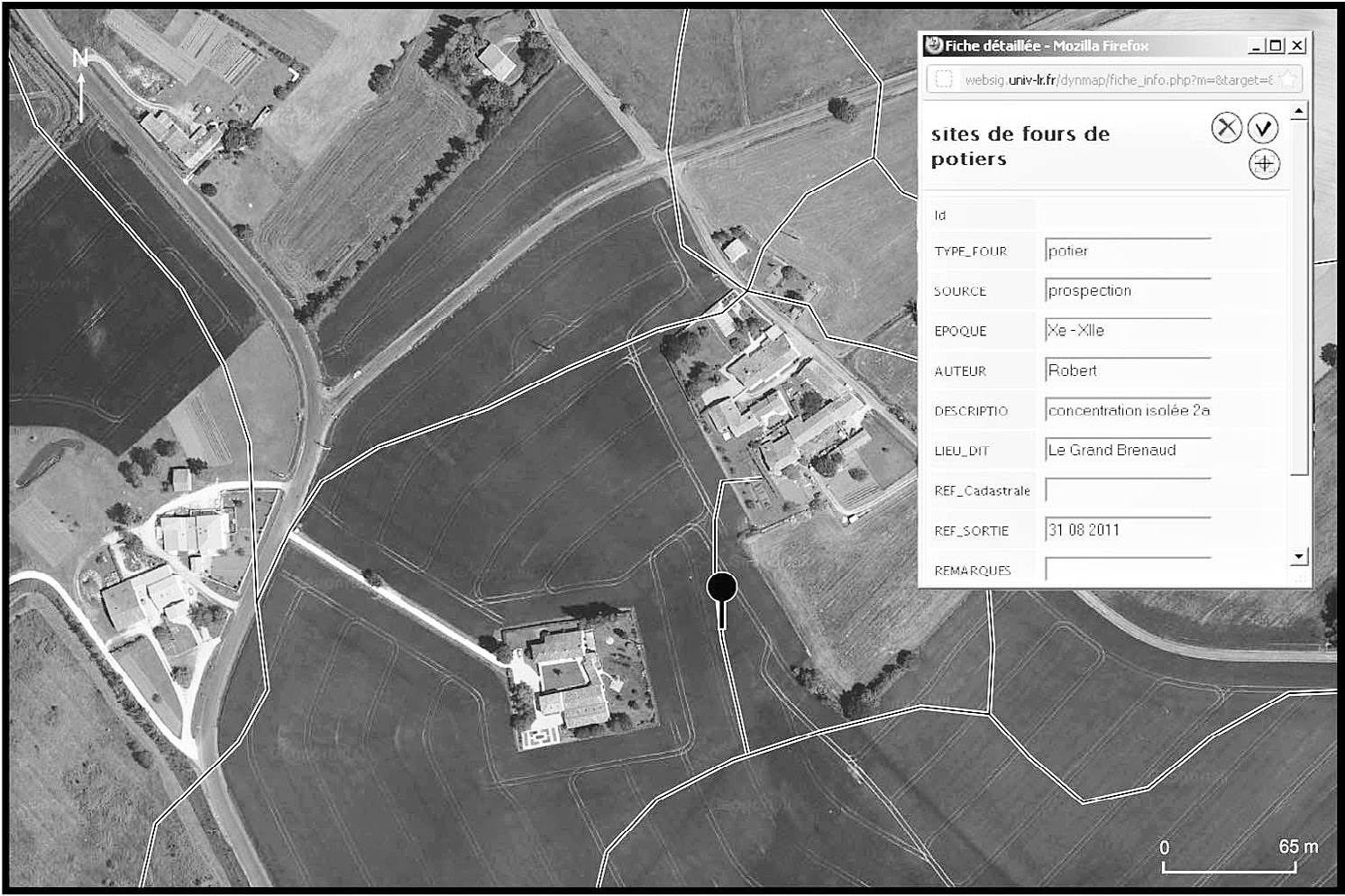 Fig. 4 – Point de localisation d’un vestige de four de potier médiéval, le long d’un ancien chemin, et fiche de saisie Dynmap (La Gripperie).