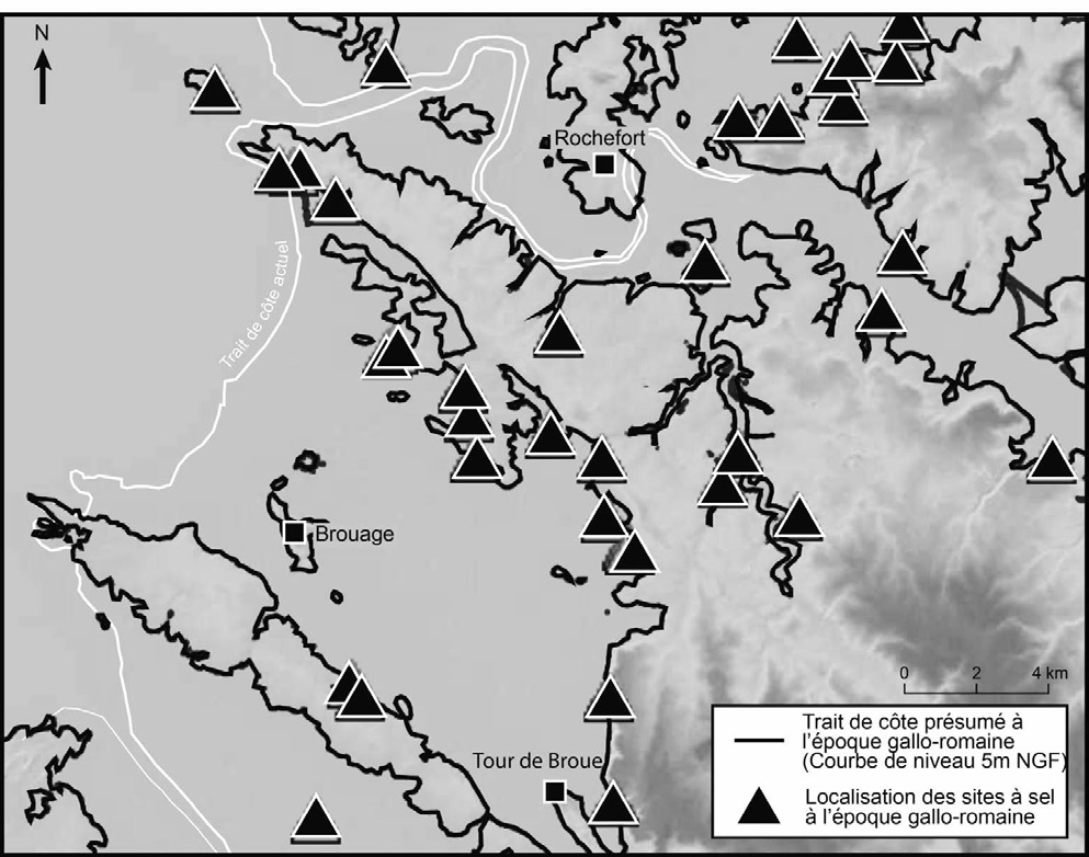 Fig. 6 – Localisation d’anciens sites de production de sel par rapport à la courbe d’altitude 5 m.