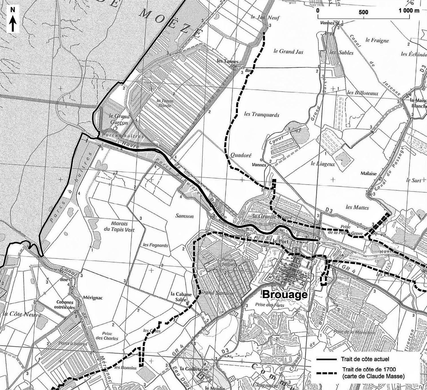 Fig. 9 – Secteur de Brouage: tracé des traits de côte de différentes époques sur fond de carte actuelle.