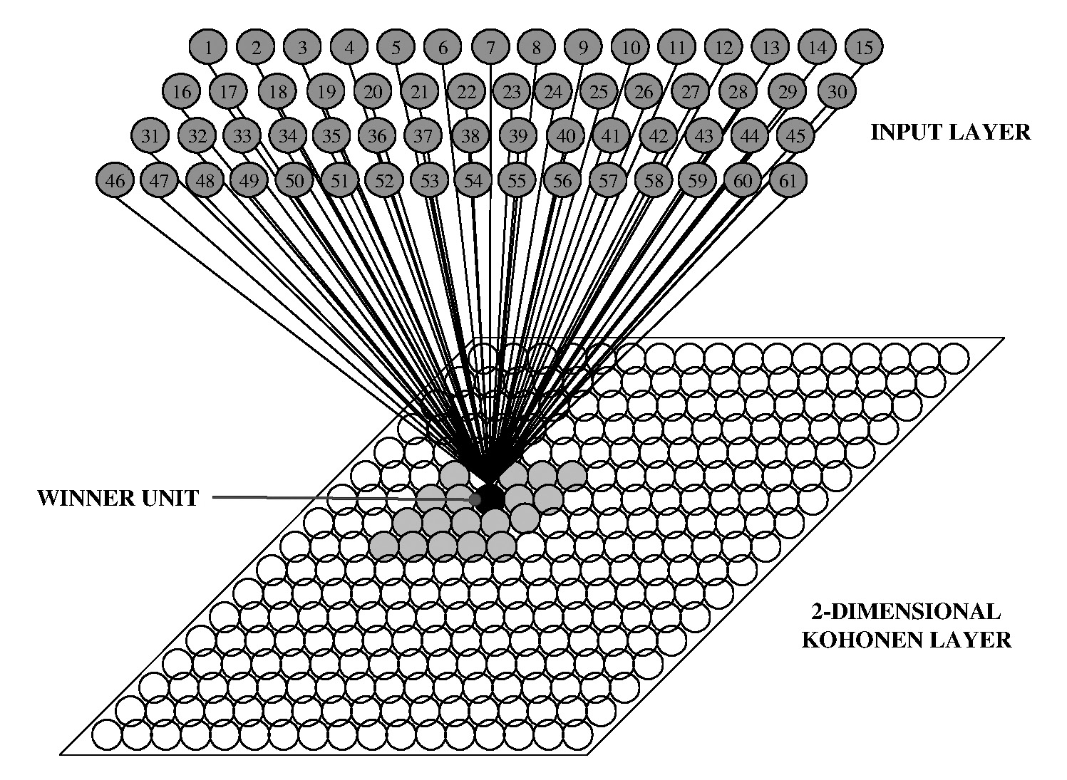 Fig. 9 – Example of Unsupervised ANN for natural clustering – Self-Organizing Map.