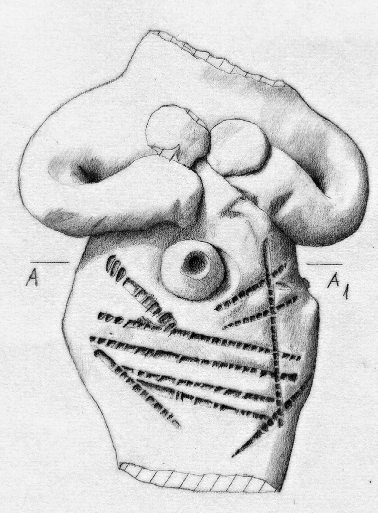 Fig. 3 – Drawing 1:1 scale of a clay figurine from Ebla in Idlib Museum (TM92P618) and dated to the Early Second Millennium BC.