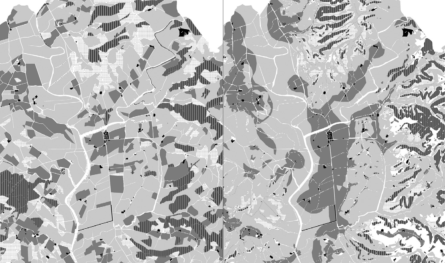 Fig. 2 – Comparison between the actual land use of Buonconvento area in XIX century (left) and the predicted one (right).