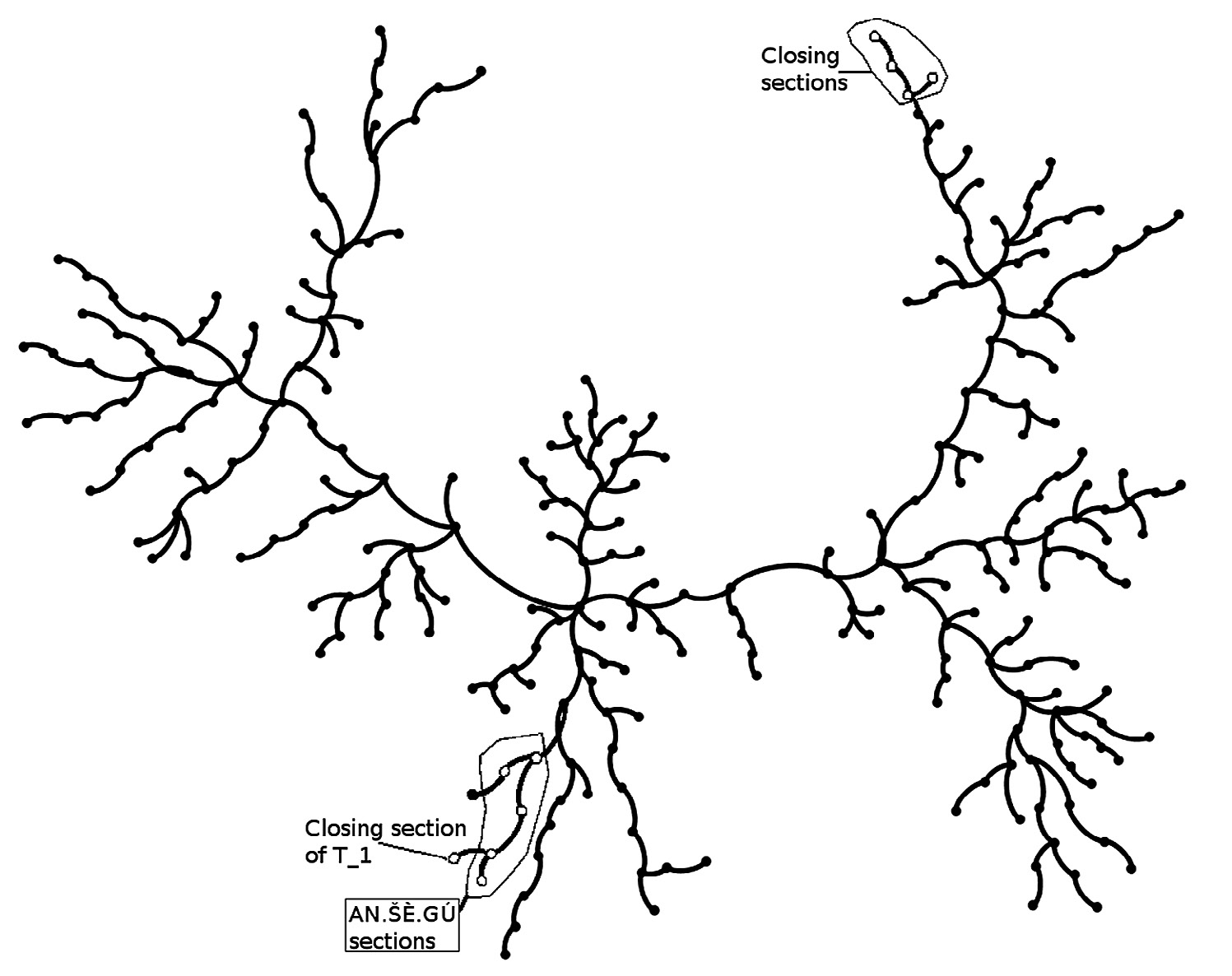 Fig. 3 – MST of the sections dataset: positions in the tree of the sections with the AN.ŠÈ.GÚ formulas and those with the totals.