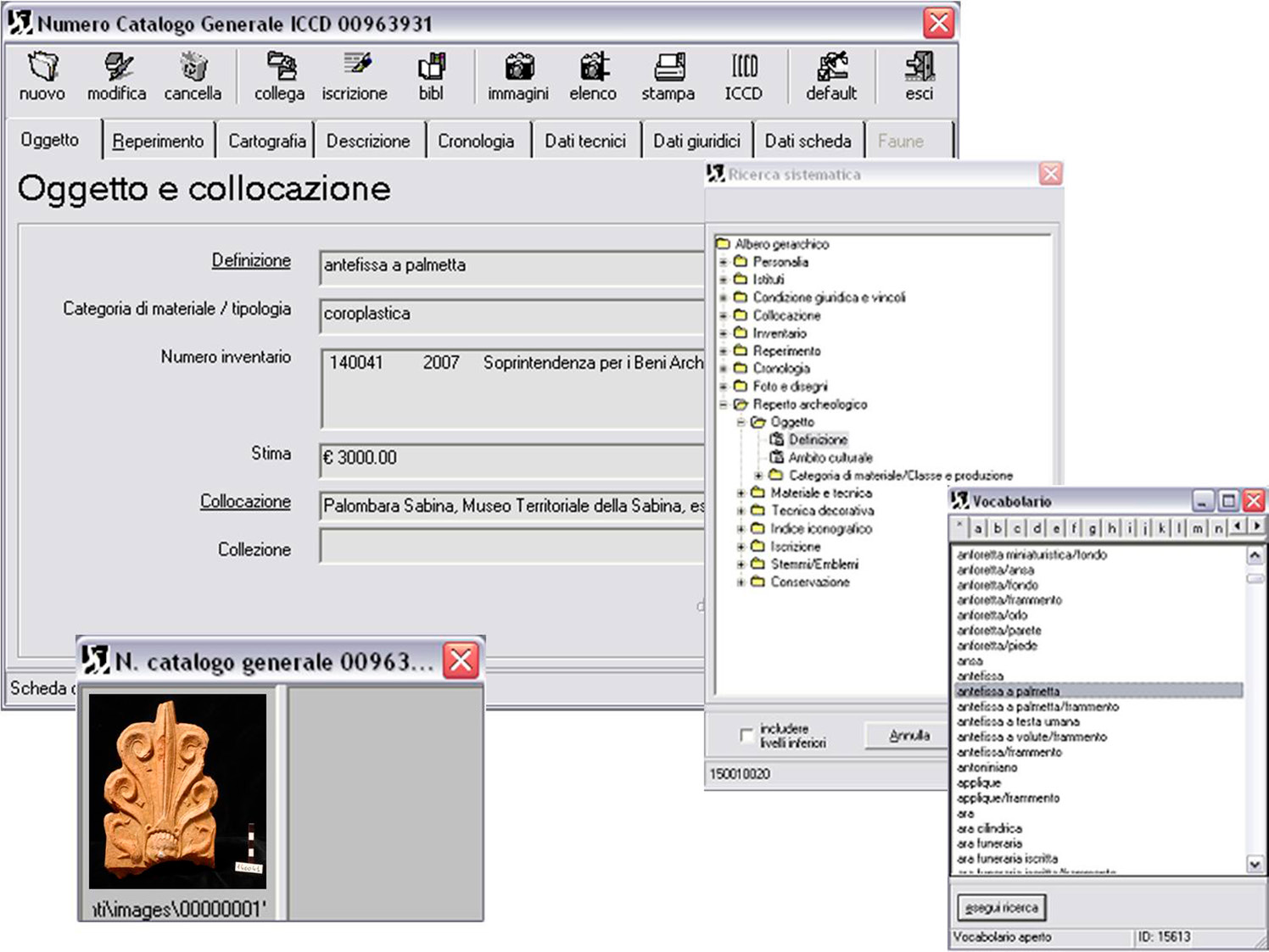 Fig. 1 – IDRA. Maschera di inserimento dati; schema ad albero; immagine reperto; vocabolario.