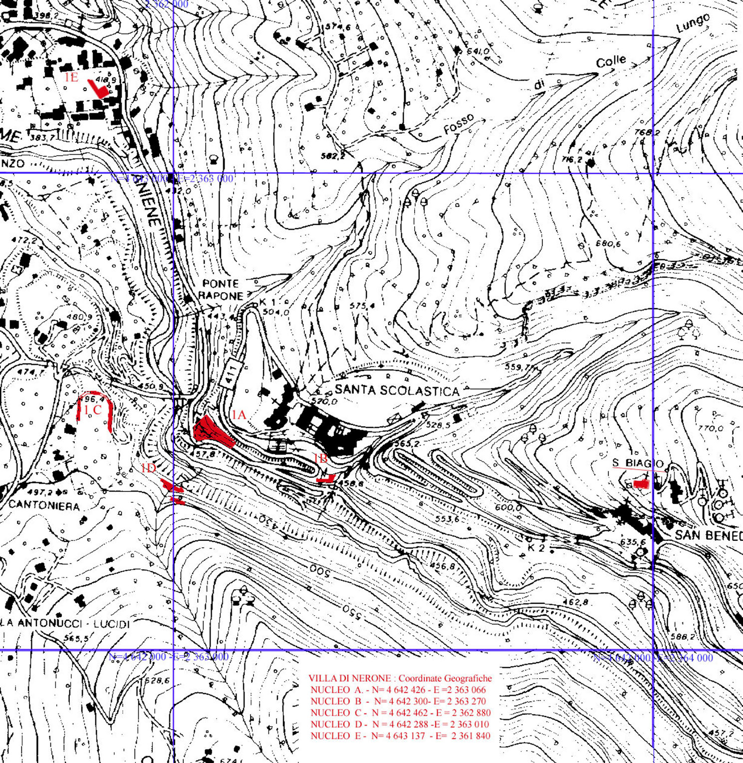 Fig. 4 – Esempio di carta archeologica (sito: Villa di Nerone) in cui le strutture archeologiche evidenziate sono state corredate dalle coordinate geografiche al fine di poter essere schedate o utilizzate da dispositivi GIS.