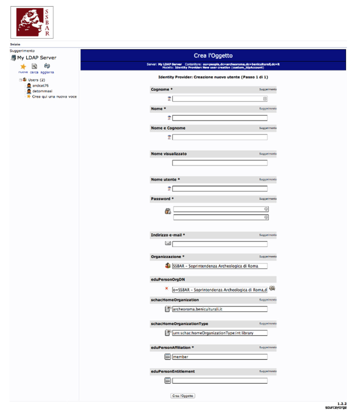 Fig. 3 – Pagina di inserimento degli utenti nell’IdP della SSBAR.