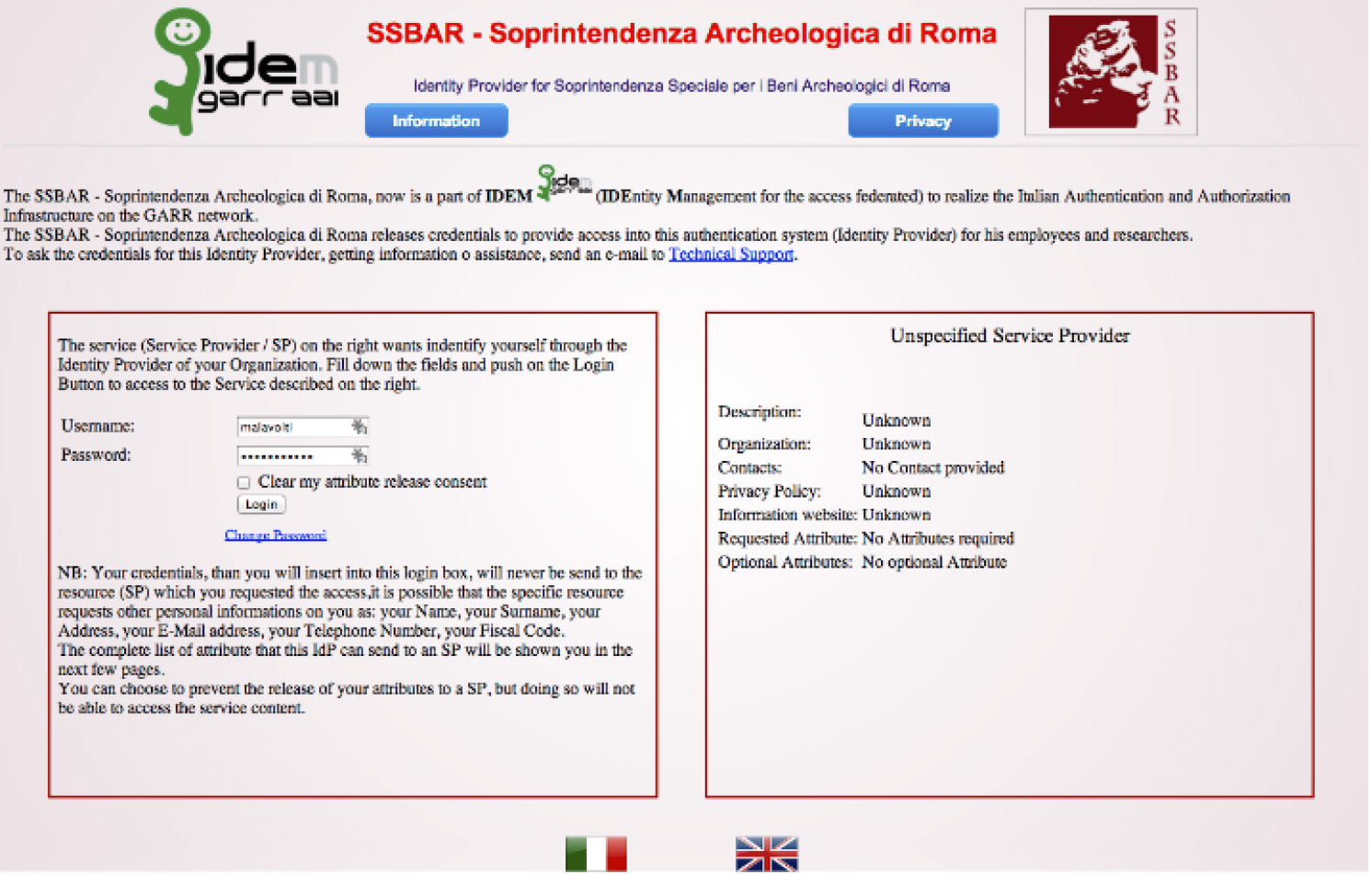 Fig. 4 – Interfaccia per l’autenticazione in IDEM degli utenti afferenti alla SSBAR.