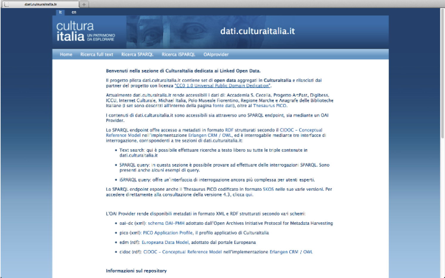 Fig. 1 – Home page della sezione dati.culturaitalia.it.