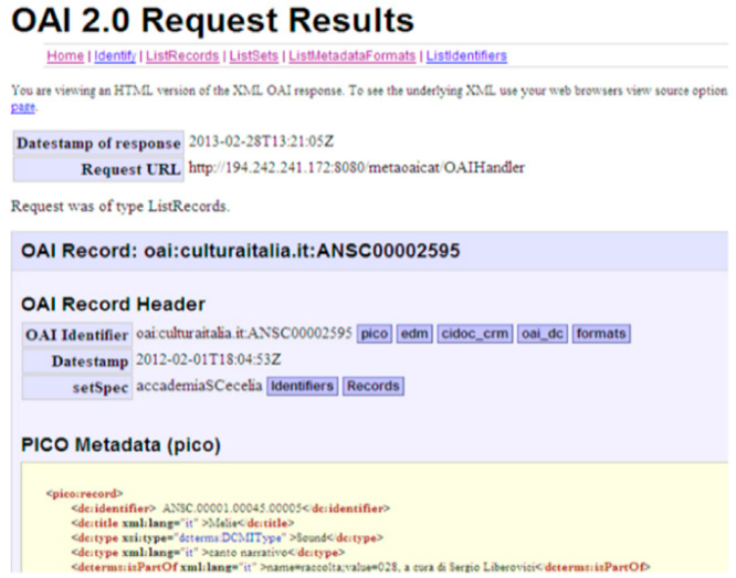Fig. 2 – Record di esempio con la possibilità di visualizzare i vari formati PICO, EDM, CIDOC-CRM, OAI-DC.
